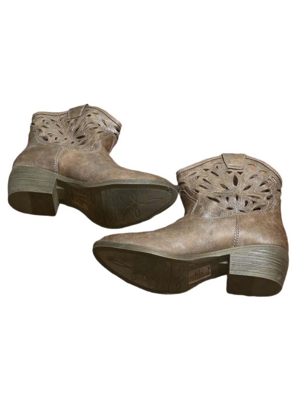SO Laser Cutout Western Cowboy Ankle Boots Distressed Taupe Brown Booties 8 - Picture 6 of 11